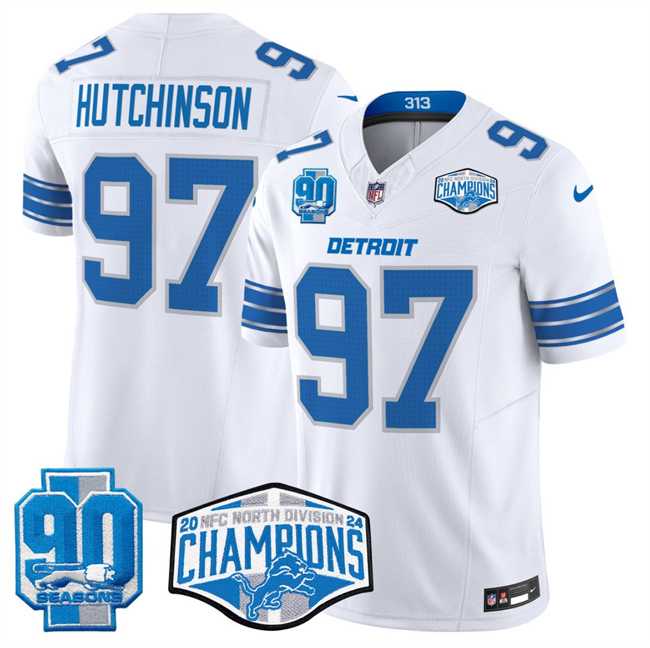 Men%27s Detroit Lions #97 Aidan Hutchinson White 2024 NFC North Champions 90th Anniversary Patch F.U.S.E. Vapor Limited Stitched Jersey->houston texans->NFL Jersey